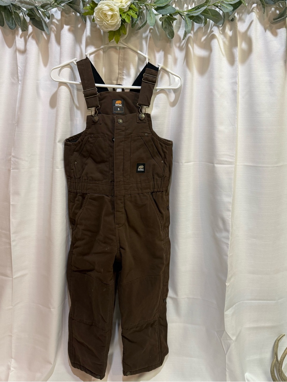 Berne Youth Softstone Insulated Bib Overalls Size S Regular (7-8) Bark Brown